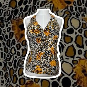 Y2K Deadstock Womens Halter Neck Swim Top Tankini Leopard Print Medium
